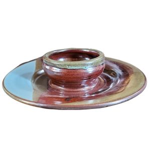 Handmade Serving Plate with attached bowl, signed by artist